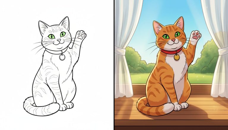 Coloriage chat : un chat souriant levant une patte, page de coloriage en noir et blanc avec contours épais.