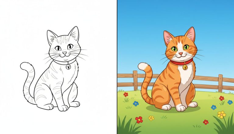 Coloriage chat, un chat joyeux assis avec des contours épais, page de coloriage en noir et blanc.