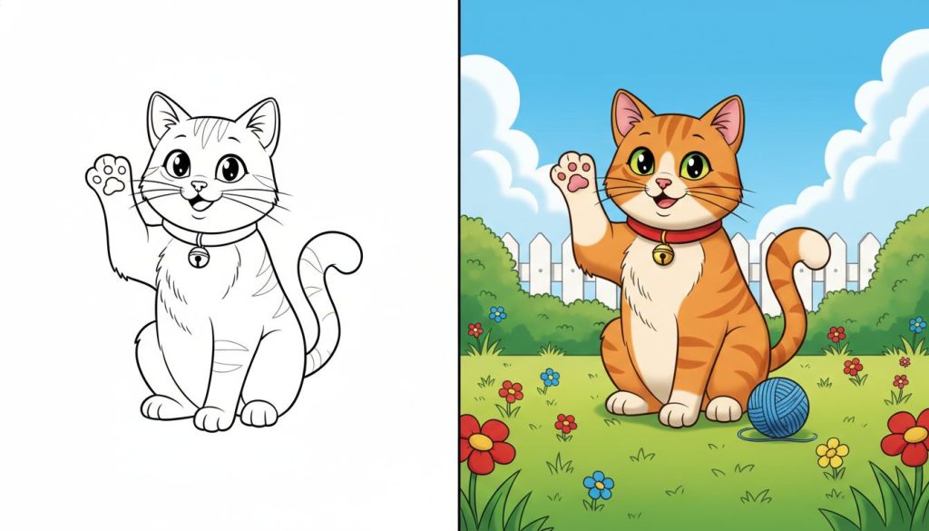 coloriage chat avec un chat joyeux levant une patte, page de coloriage en noir et blanc avec contours épais.
