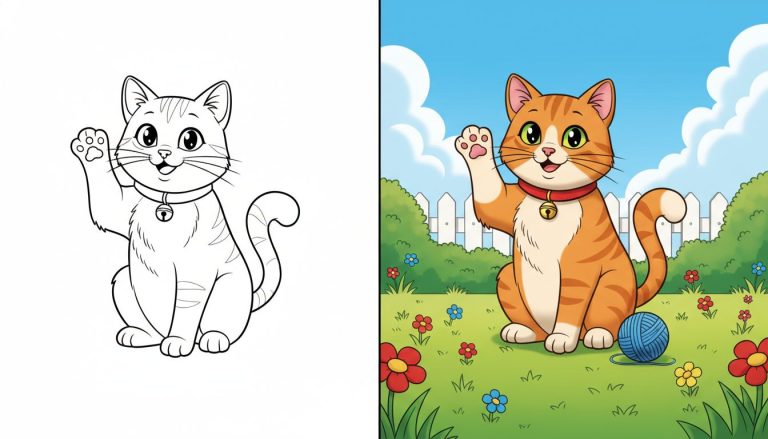 coloriage chat avec un chat joyeux levant une patte, page de coloriage en noir et blanc avec contours épais.