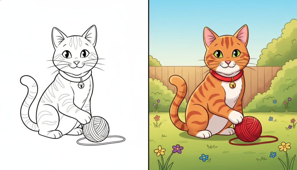 Coloriage chat avec un chat tabby joyeux jouant avec une pelote, page de coloriage en noir et blanc avec contours épais.