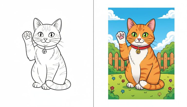 Coloriage chat avec un chat joyeux saluant, page de coloriage en noir et blanc avec contours épais.