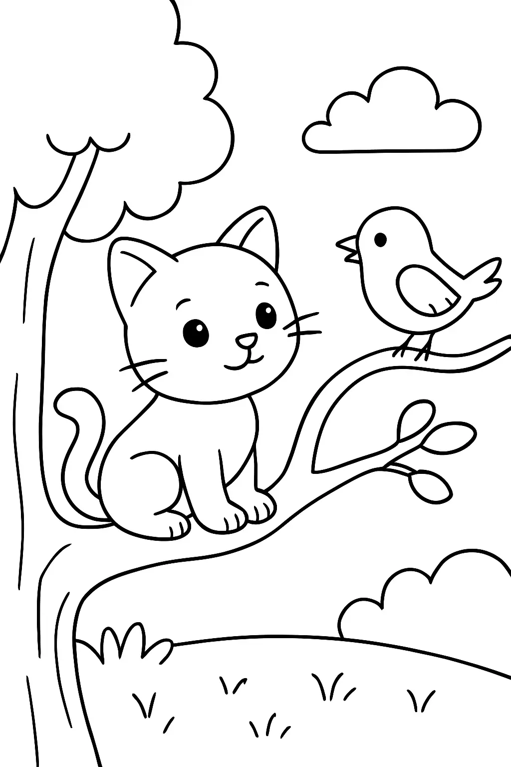 Coloriage chat - chaton observant un oiseau dans un arbre, page de coloriage en noir et blanc à contours épais.