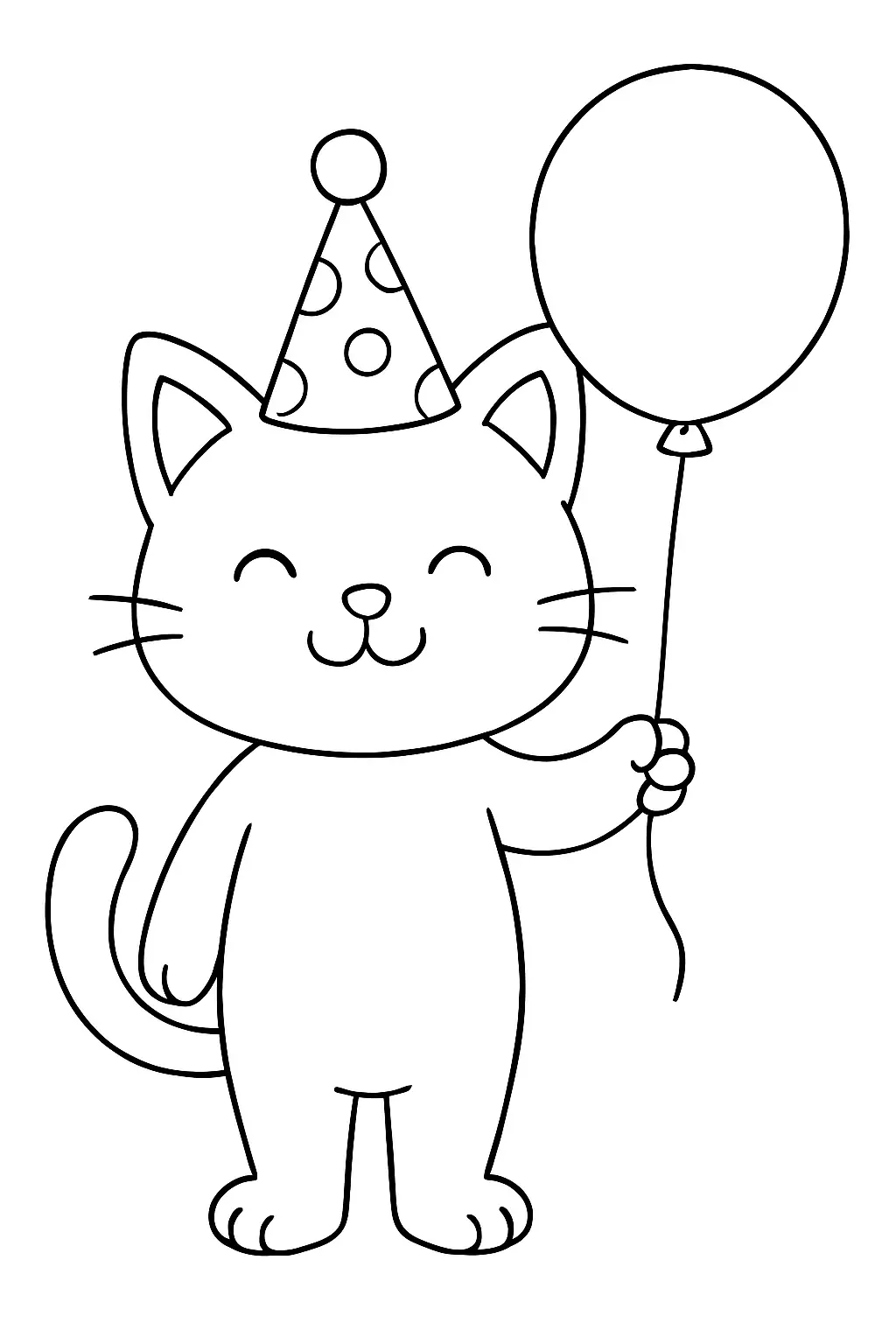 Un chat célébrant son anniversaire avec un ballon, page de coloriage noir et blanc à contours épais.