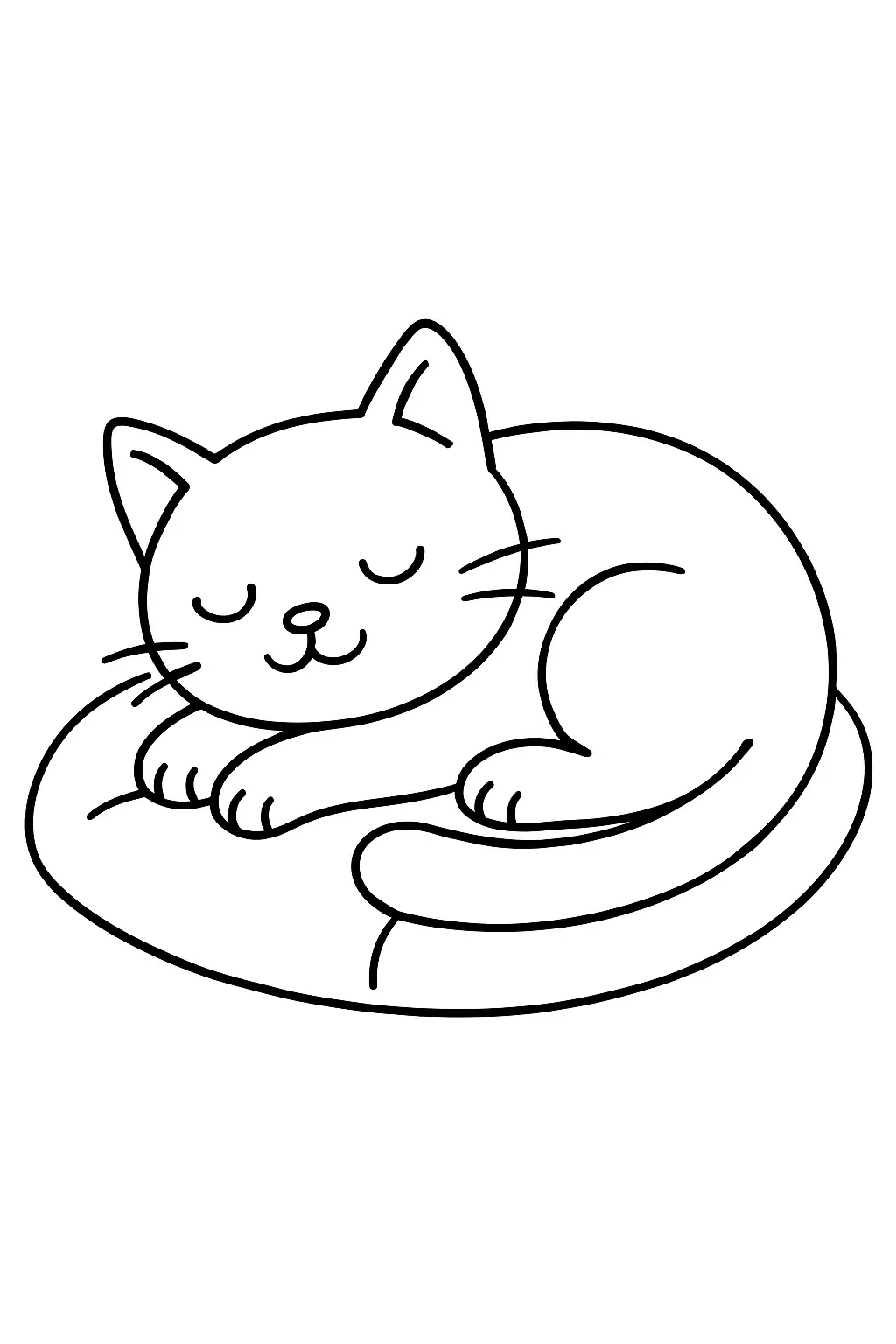 Chat dormant sur un coussin, page de coloriage noir et blanc à contours épais.