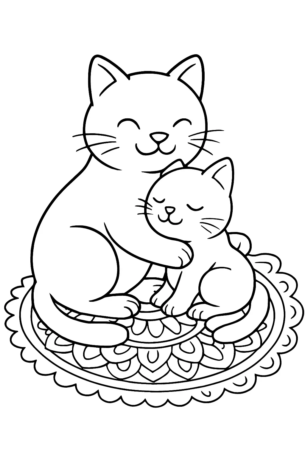Un chat et un chaton câlins sur un tapis, page de coloriage noir et blanc avec contours épais.