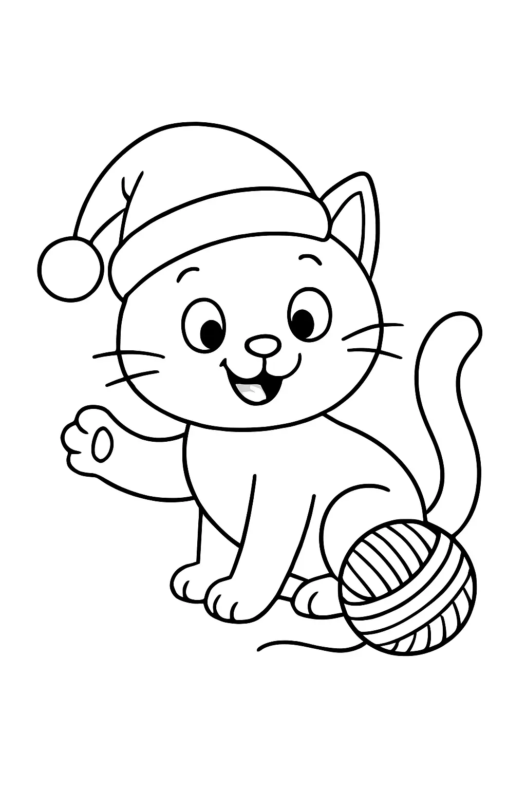 Un chat joueur avec un bonnet de Noël, page de coloriage noir et blanc avec contours épais.