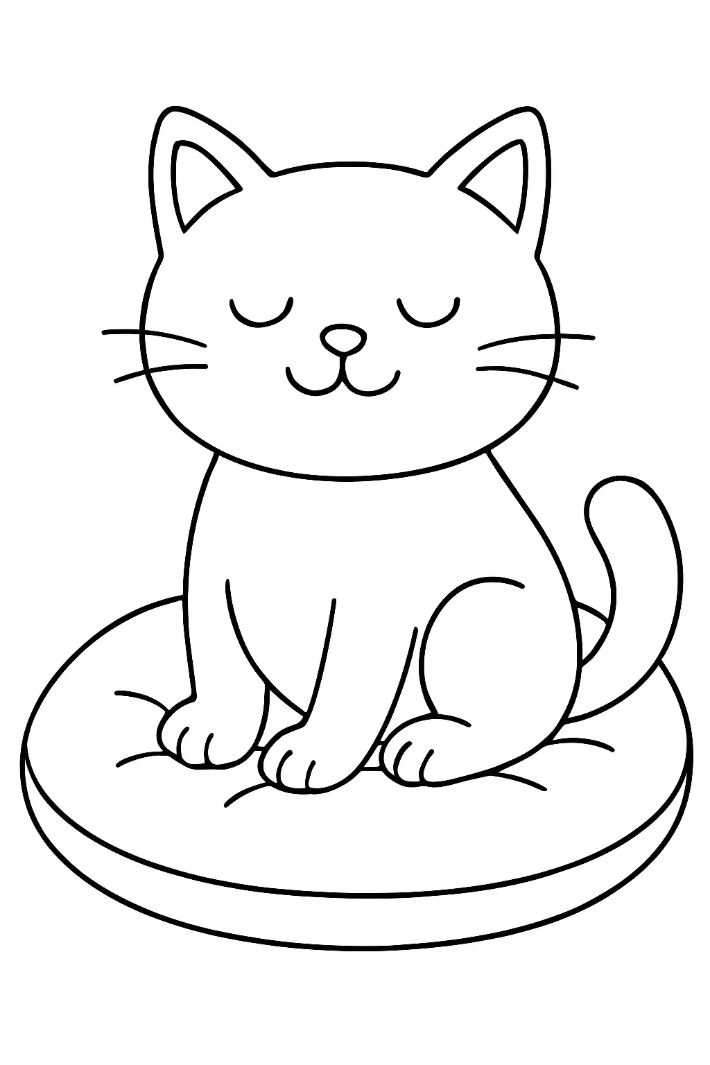 Coloriage chat assis paisiblement sur un coussin, page de coloriage en noir et blanc à contours épais.