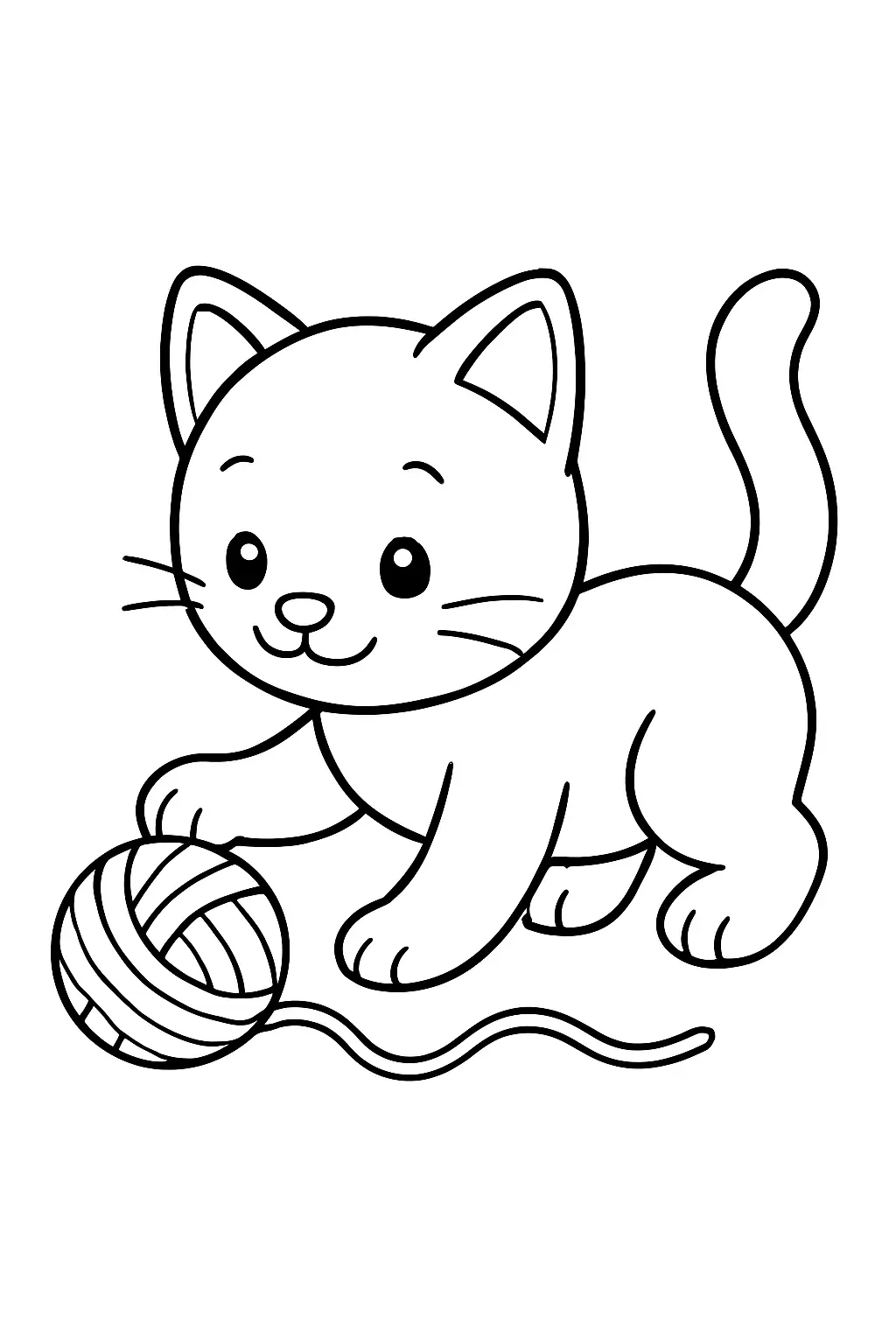 Coloriage chat jouant avec une pelote de laine, page de coloriage en noir et blanc à contours épais