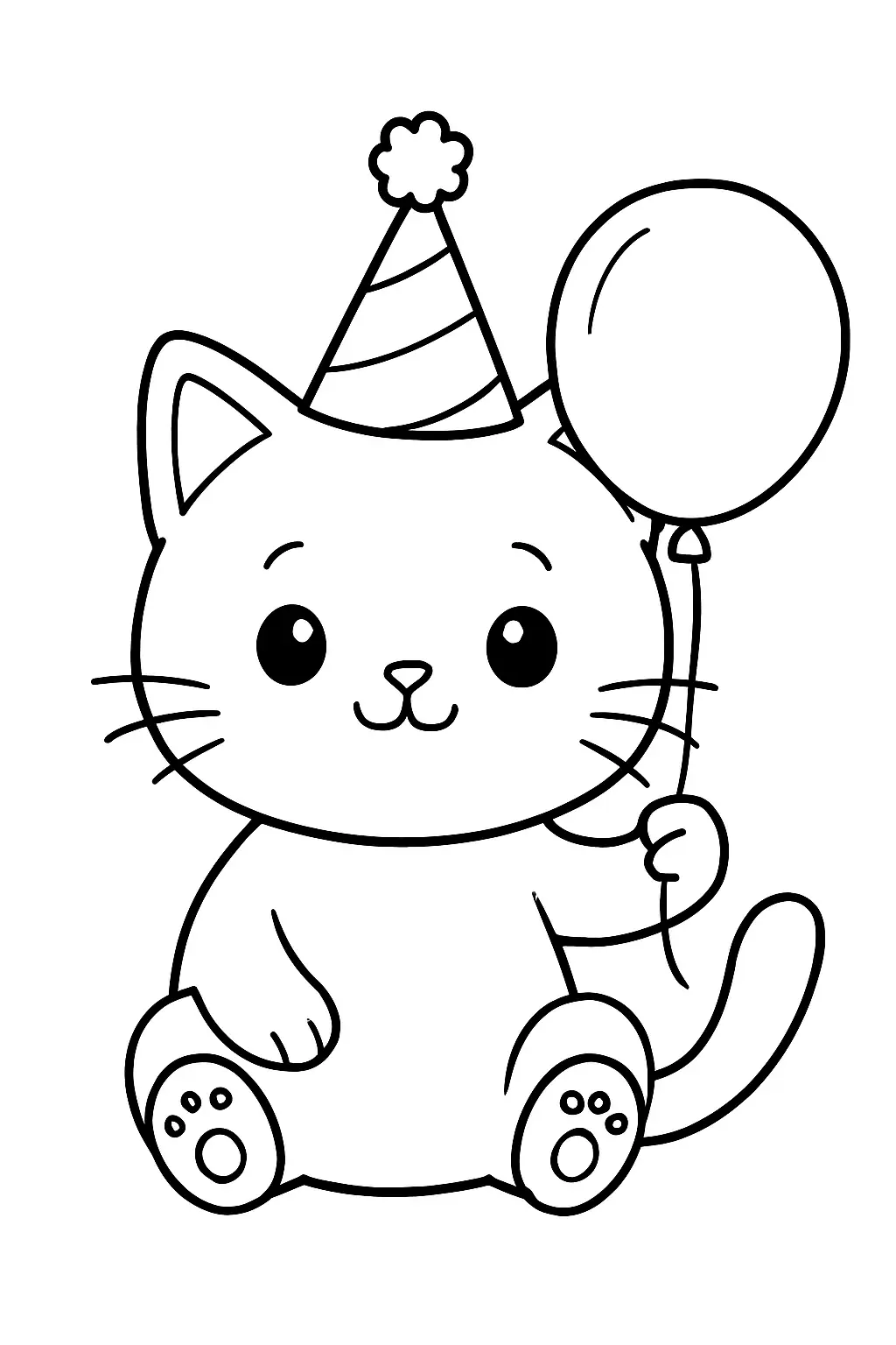 Coloriage chat petit chat fêtant son anniversaire avec un ballon, page de coloriage en noir et blanc à contours épais.