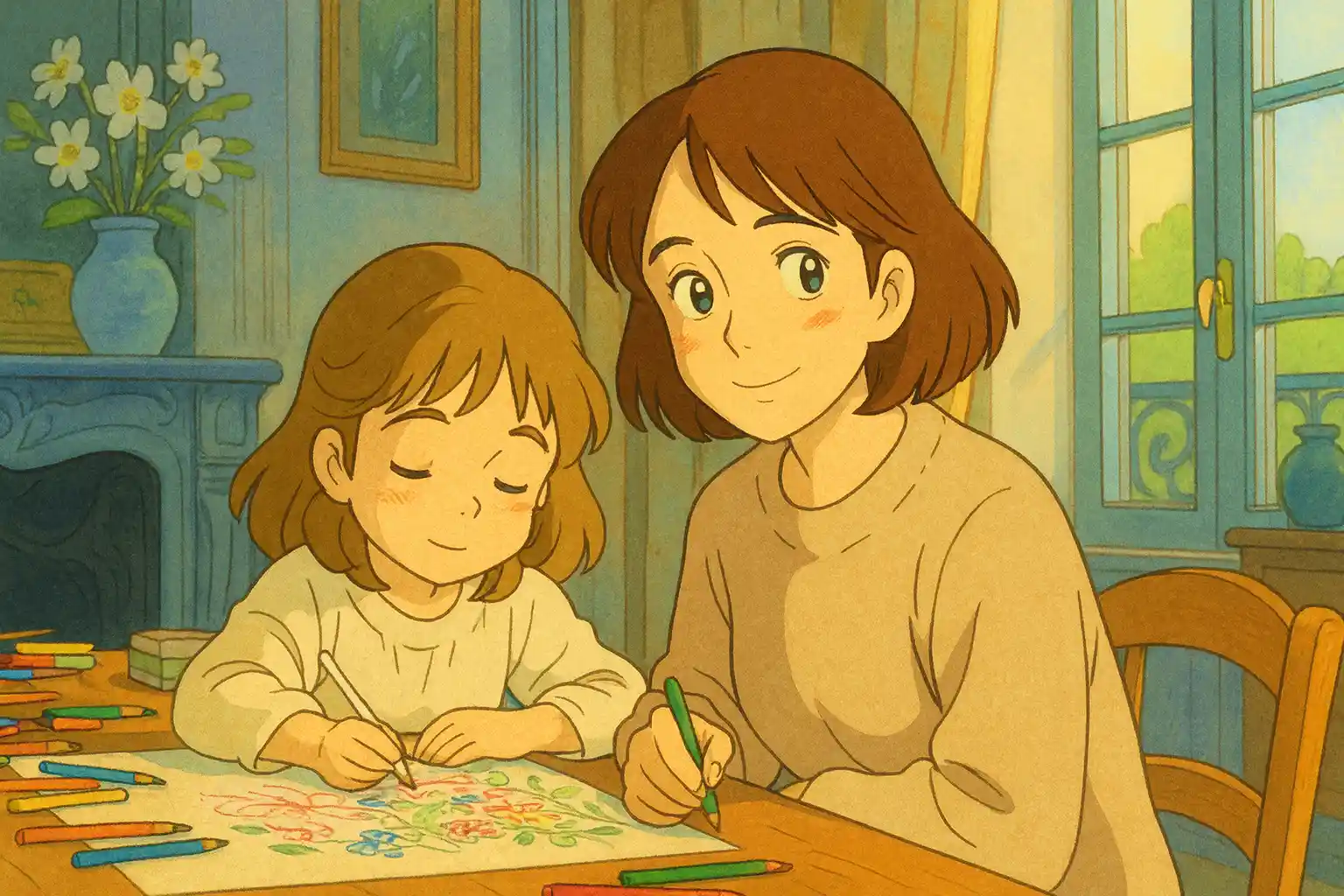 Je colorie avec ma fille Inès dans notre salon, un moment doux illustré dans un style inspiré de Ghibli.
