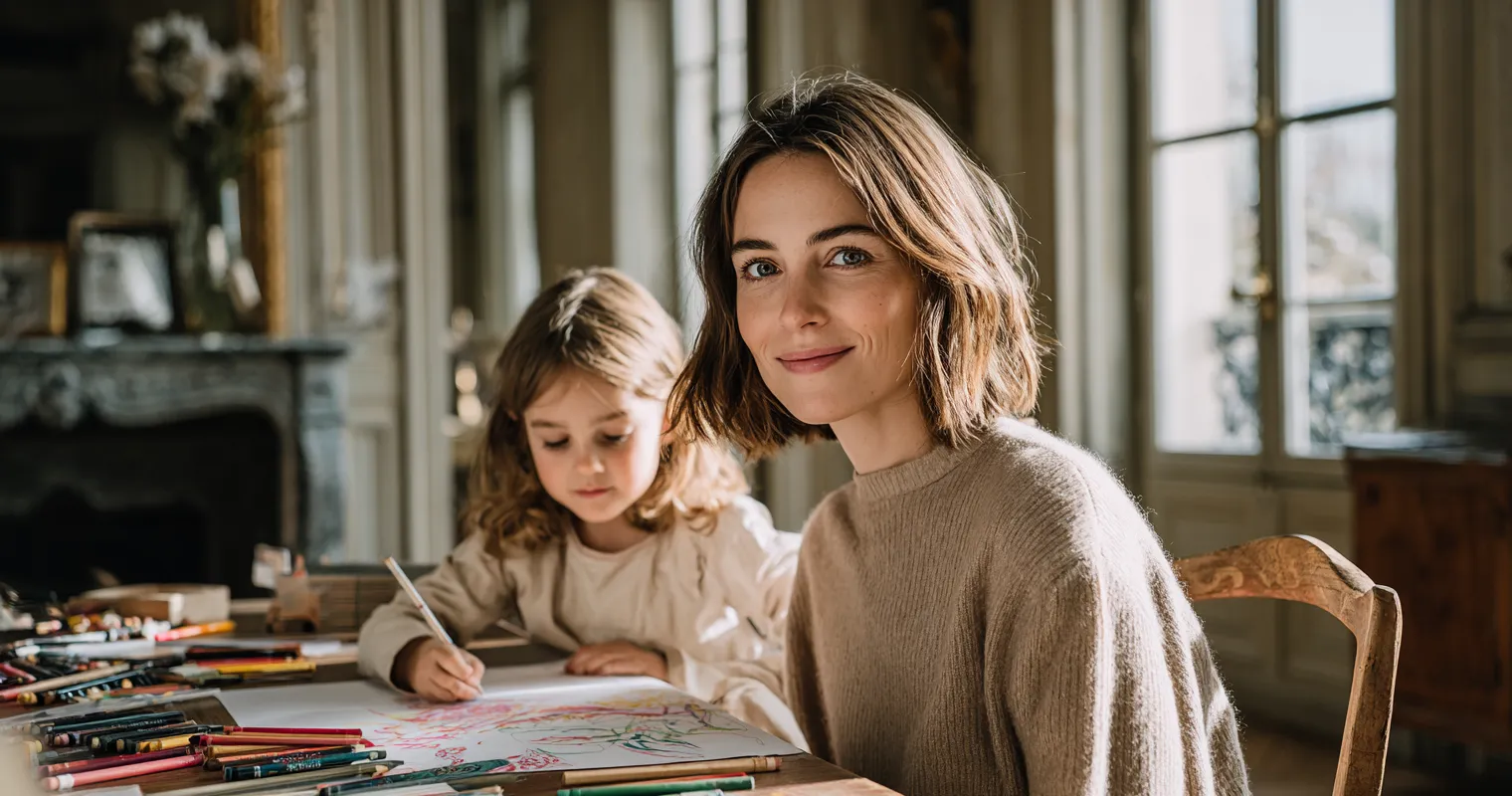 Camille Delaunay sourit à la caméra pendant que sa fille Inès colorie à une table remplie de crayons et de dessins, dans un salon français lumineux.