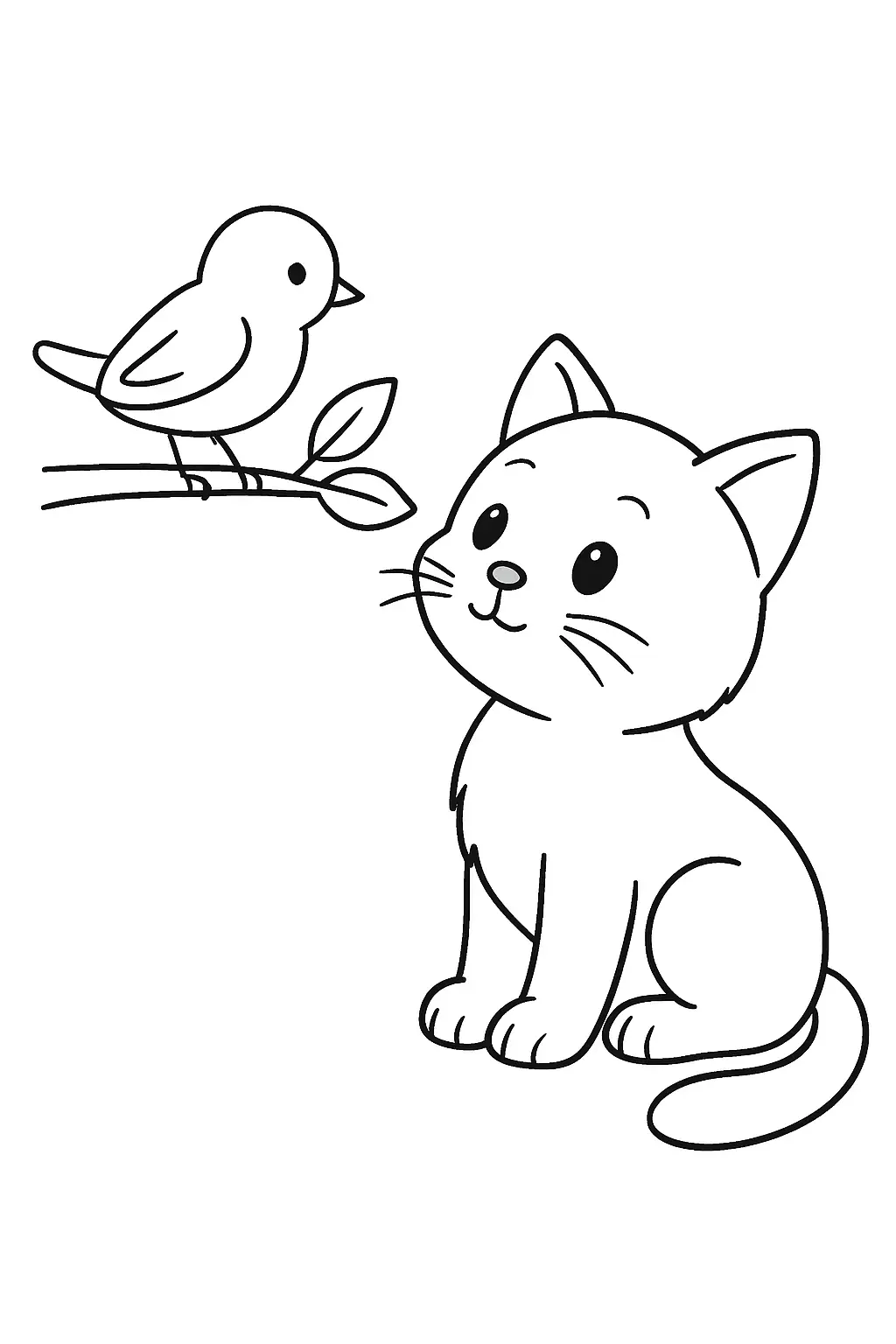 Coloriage chat : chaton regardant un oiseau sur une branche, page de coloriage en noir et blanc à contours épais.