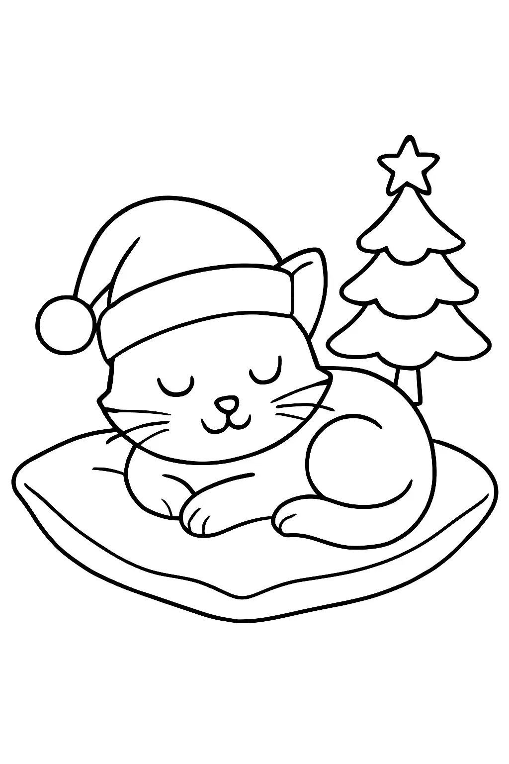 Coloriage chat : un chaton endormi sur un coussin, page de coloriage en noir et blanc à contours épais.