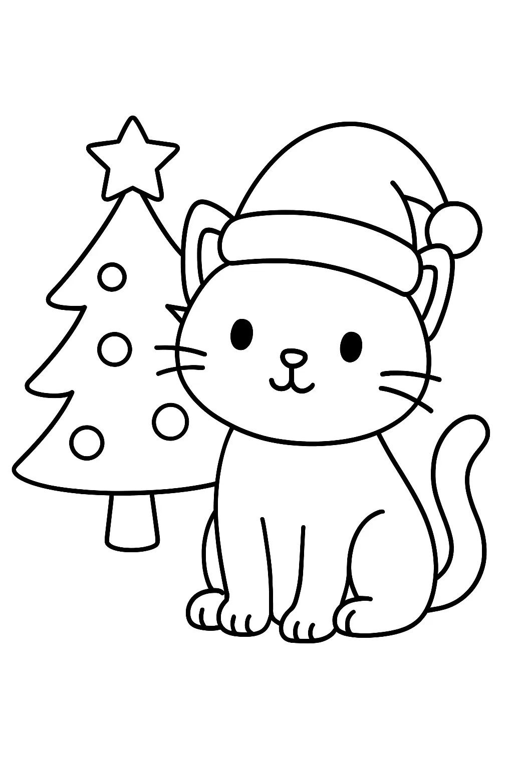 Coloriage chat près d'un sapin avec un bonnet de Noël, page de coloriage en noir et blanc à contours épais.