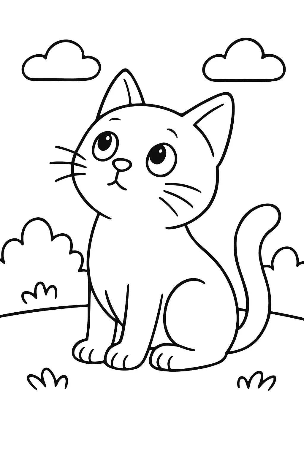 Coloriage chat assis regardant en haut, page de coloriage en noir et blanc à contours épais.