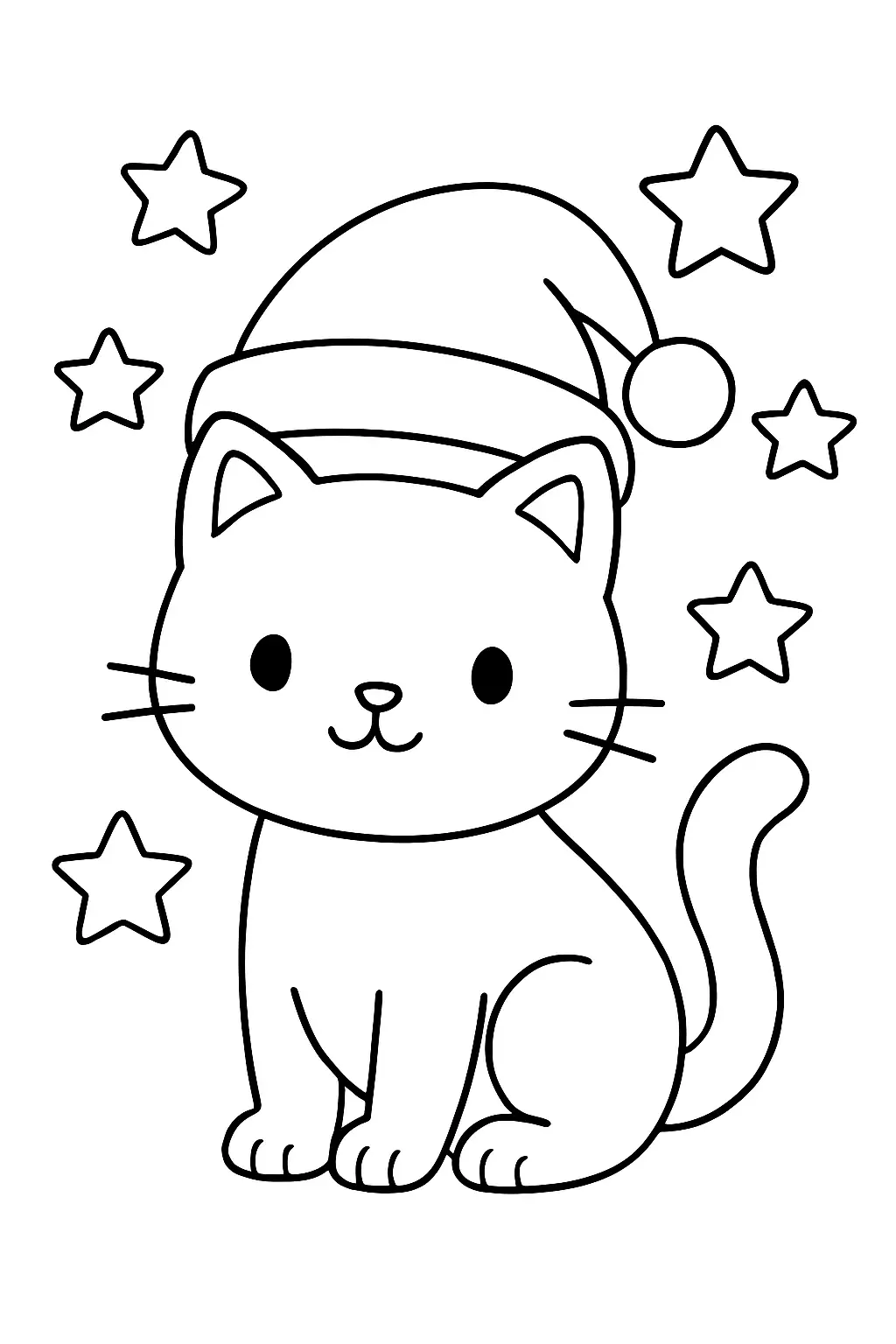 Coloriage chat avec un bonnet de Noël, entouré d'étoiles, page de coloriage en noir et blanc à contours épais.
