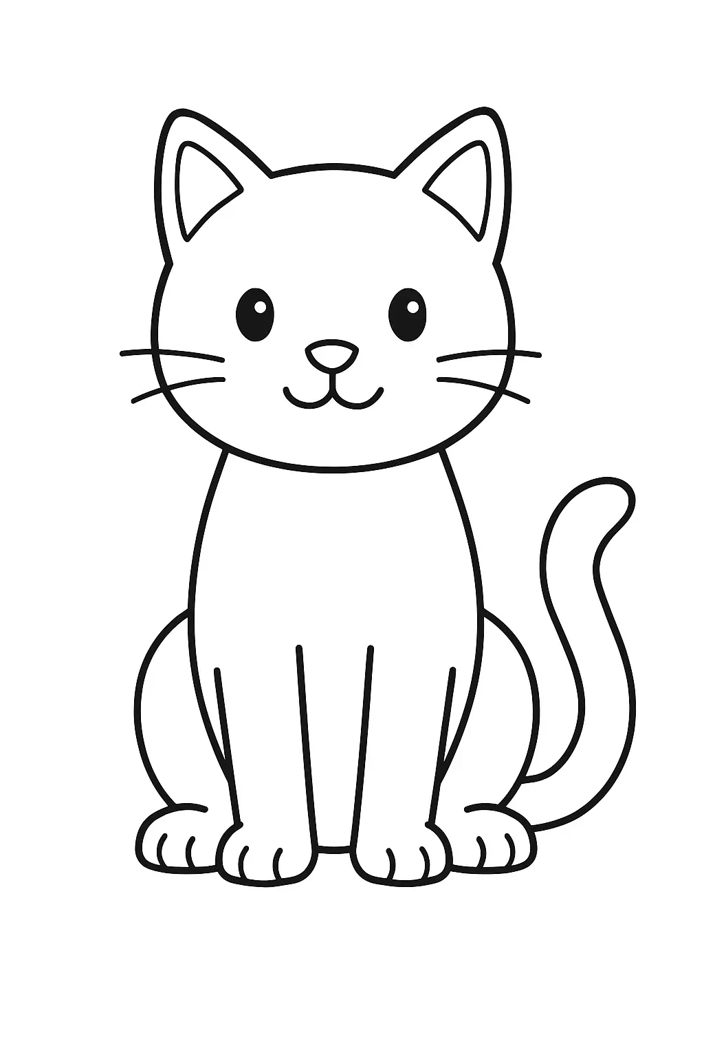 Coloriage chat assis regardant vers l'avant, page de coloriage en noir et blanc à contours épais