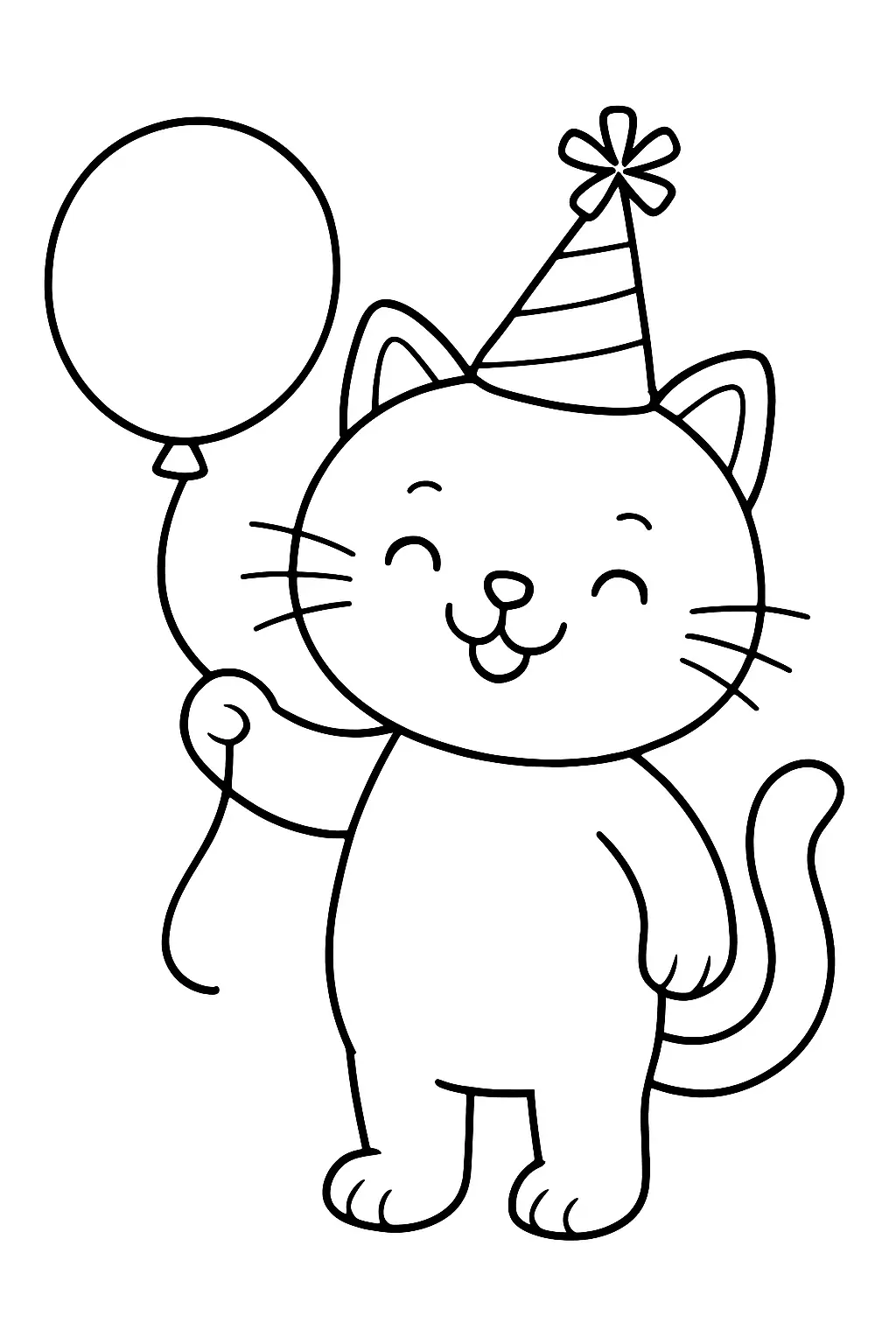 Coloriage chat heureux tenant un ballon d'anniversaire, page de coloriage en noir et blanc à contours épais.