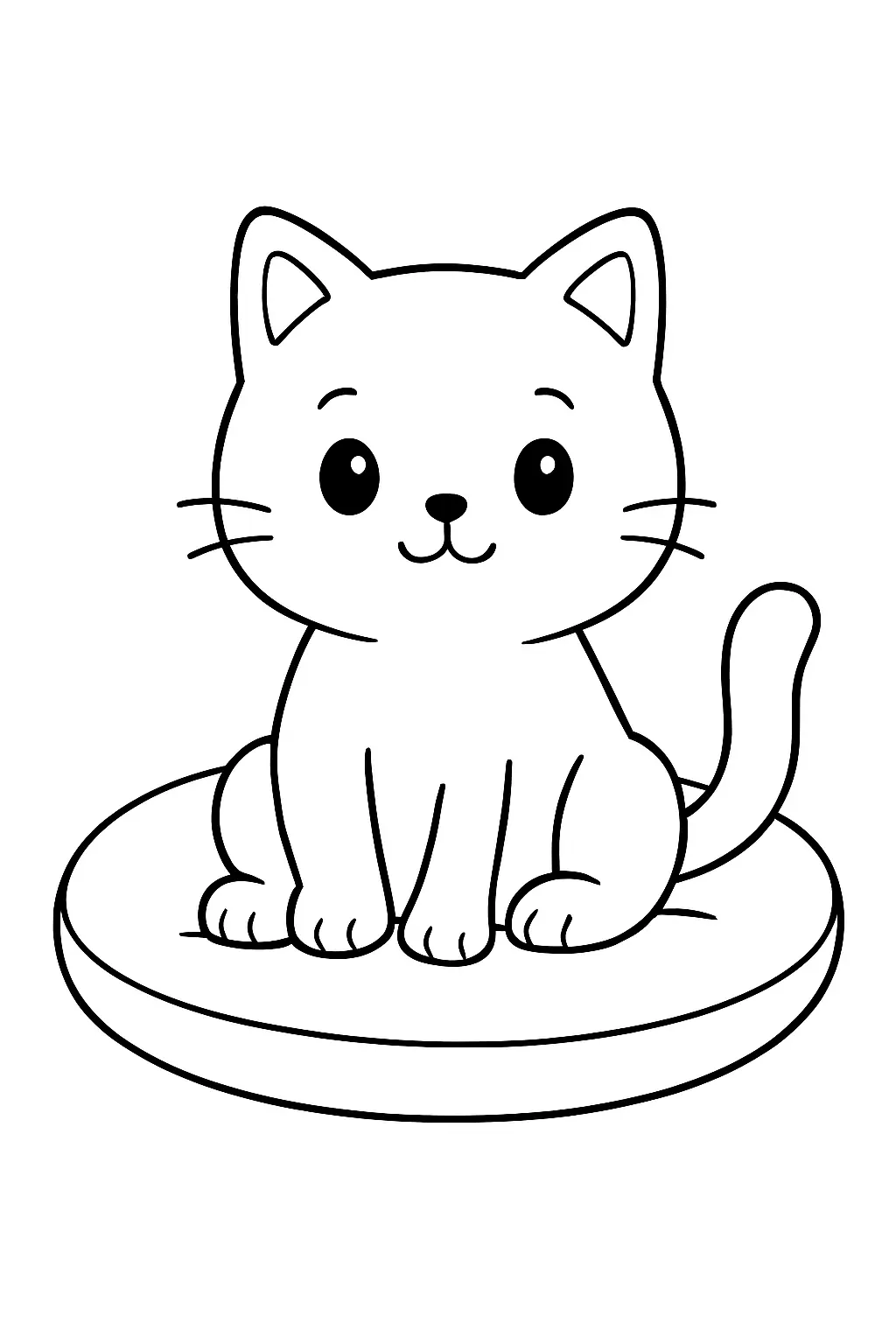Coloriage chat assis sur un coussin, page de coloriage en noir et blanc à contours épais.