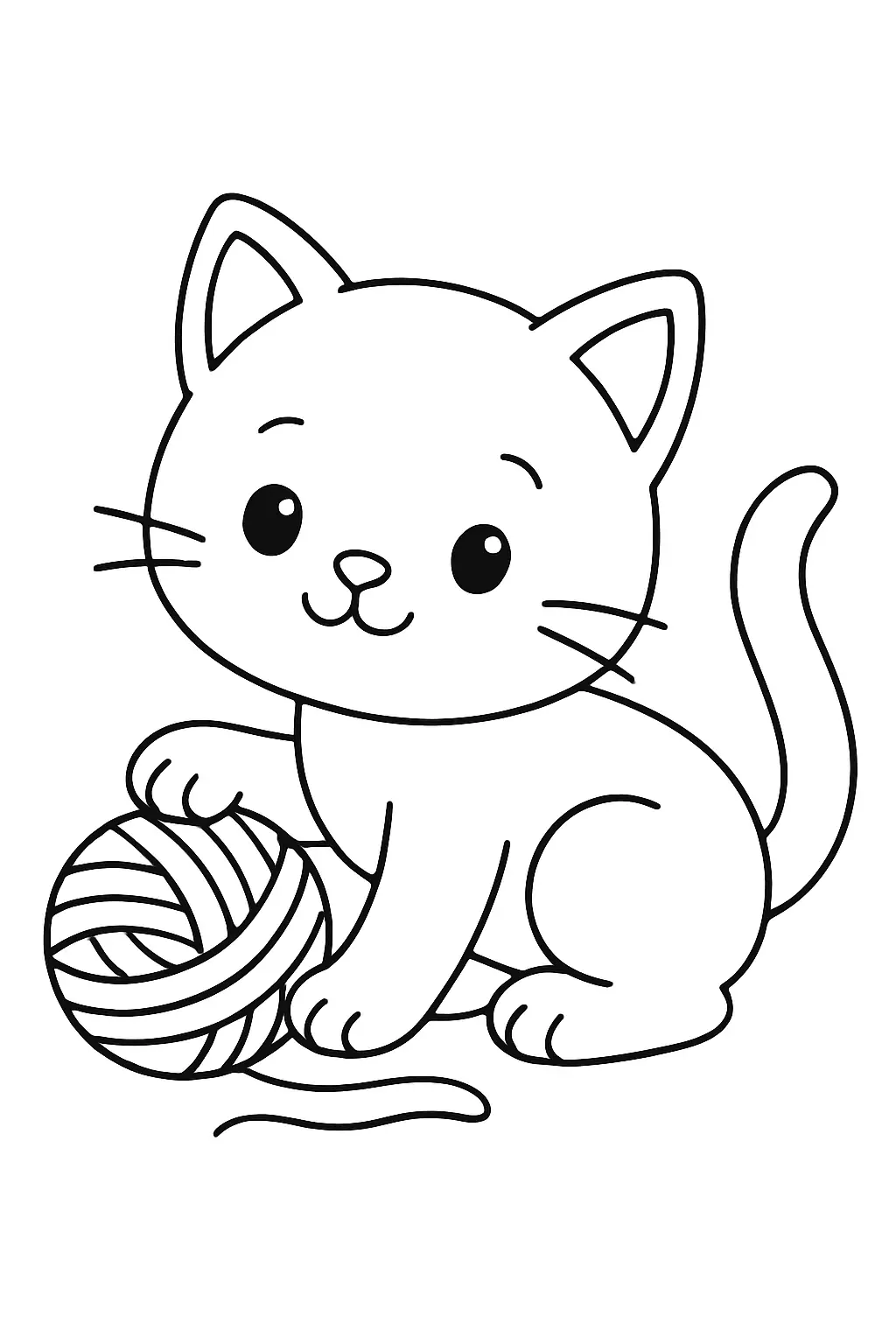 Coloriage chat, un chaton qui joue avec une pelote de laine, page de coloriage en noir et blanc à contours épais.