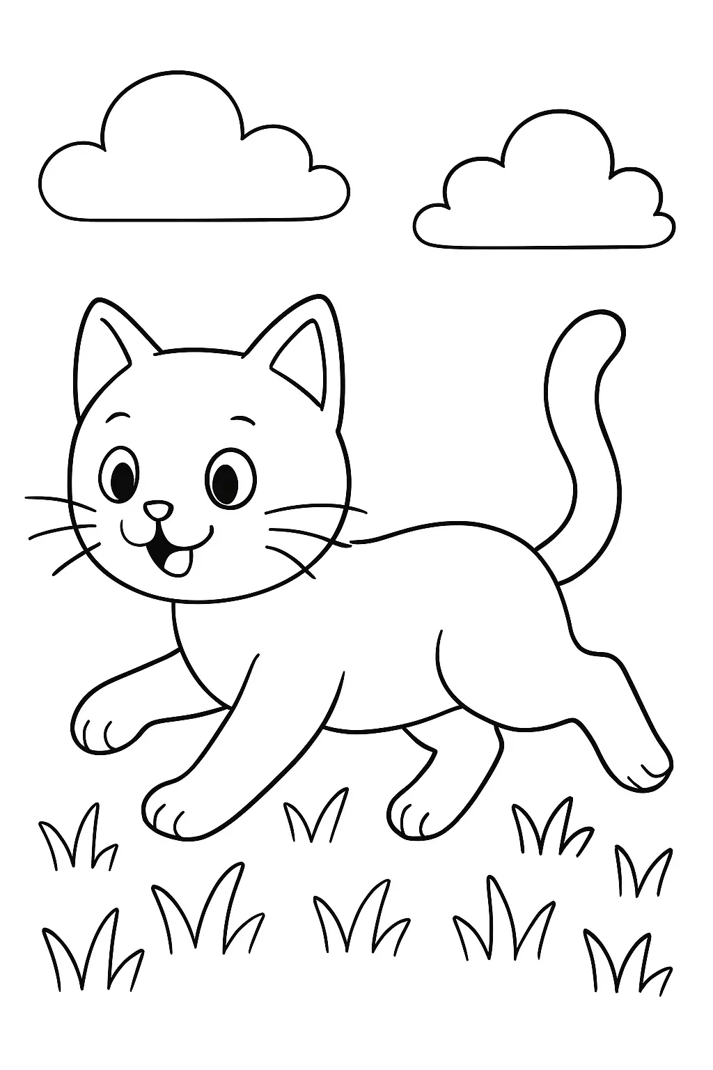 Coloriage chat jouant avec une pelote, page de coloriage en noir et blanc à contours épais.