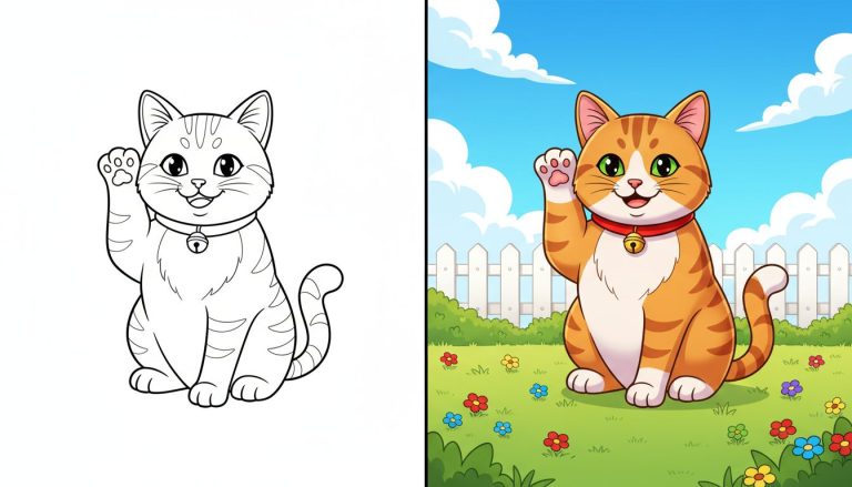 coloriage chat avec un chat tabby souriant levant la patte, en noir et blanc avec des contours épais.