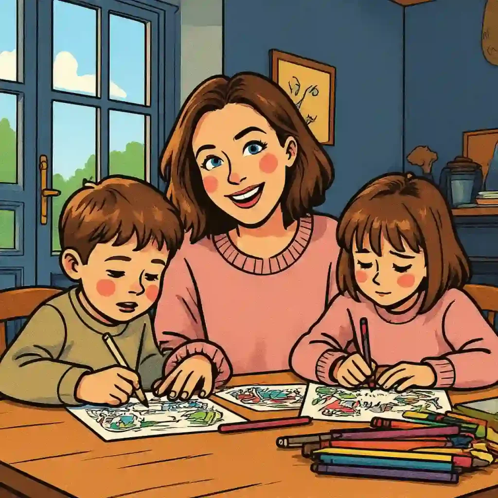 Illustration de Lucie Morel, enseignante et maman, coloriant avec ses deux enfants à la maison dans une ambiance chaleureuse et joyeuse.